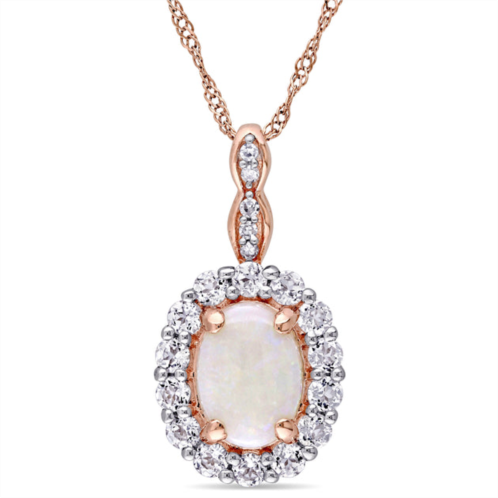 Mimi & Max 1 1/2 ct tgw oval shape opal, white topaz and diamond accent vintage pendant with chain in 14k rose gold