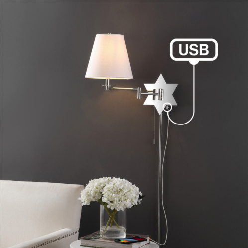 JONATHAN Y david 18.5 1-light modern french country swing arm plug-in or hardwired iron led star wall sconce with pull-chain and usb charging port, brass gold