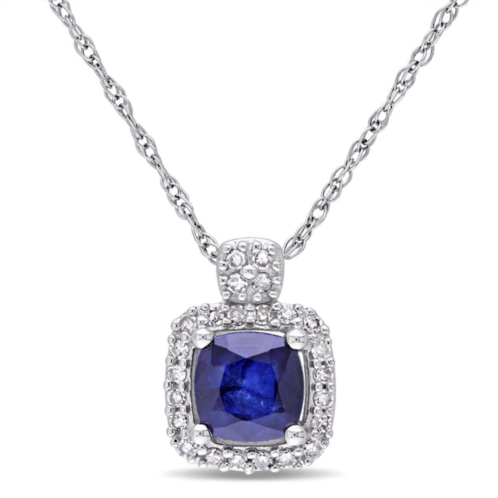 Mimi & Max 1/10 ct tw halo diamond and cushion cut diffused sapphire pendant with chain in 10k white gold