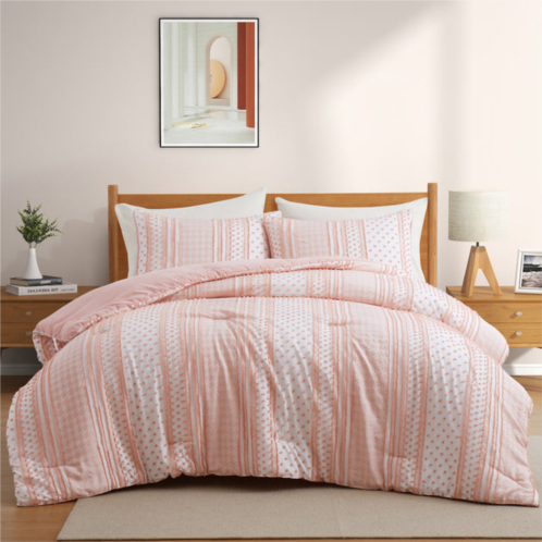 PEACE NEST year-round warmth clipped comforter set soft microfiber pink houndstooth dots