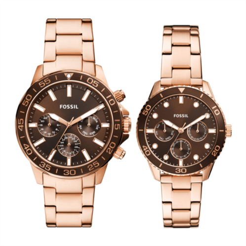 Fossil mens his and hers multifunction, rose gold-tone stainless steel watch