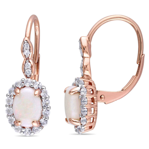 Mimi & Max 1 3/4 ct tgw oval shape opal, white topaz and diamond accent vintage leverback earrings in 14k rose gold