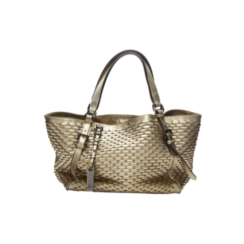 Burberry london gold woven textured leather belted large top handle tote bag