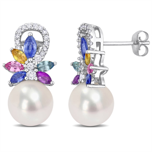 Mimi & Max 9-9.5 mm cultured freshwater pearl and multi sapphire (light blue, white, yellow, pink, purple & green) and 1/8 ct tw diamond flower drop earrings in 14k white gold