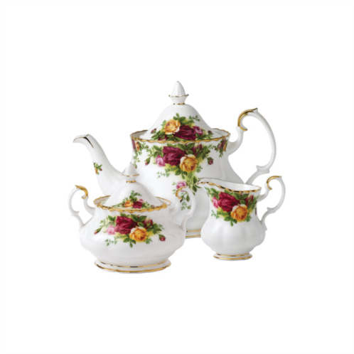 Royal Albert old country roses teapot, sugar, creamer, 3 piece set
