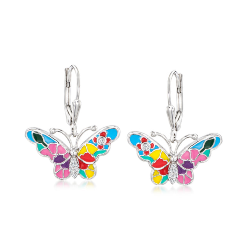 Ross-Simons multicolored enamel butterfly drop earrings with diamond accents in sterling silver