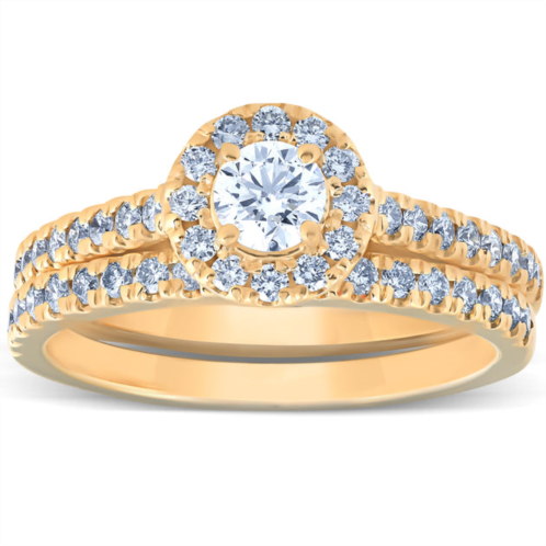 Pompeii3 1ct halo lab grown diamond engagement matching wedding ring set 14k yellow gold