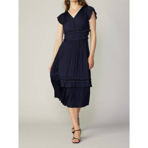 Current air v-neck pleated ruffle long dress in dark navy