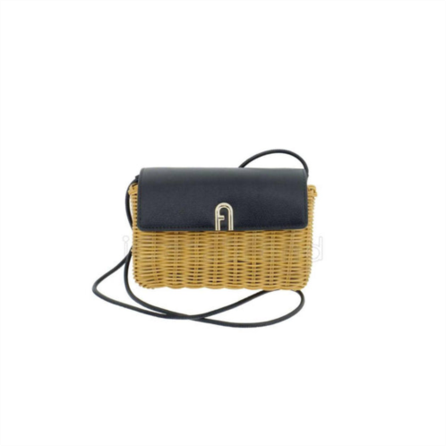 Furla womens diamante straw leather crossbody handbag in brown/black