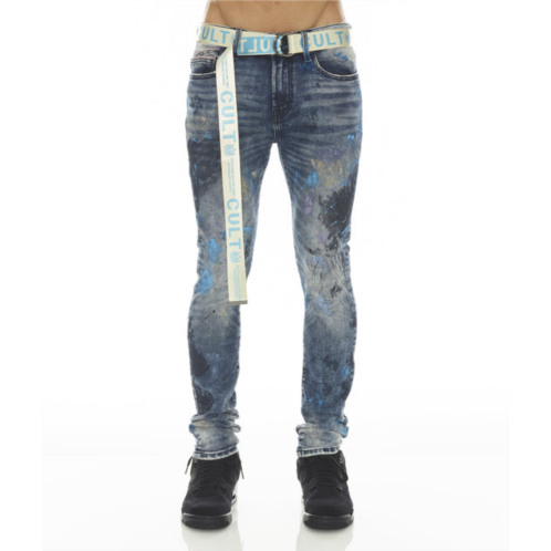 Cult of Individuality punk super skinny stretch w/baby blue belt in abstract