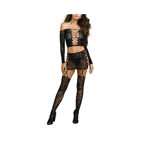 Dreamgirl Womens Lace Patterned Knit Lingerie Set with Attached Garters and Stockings