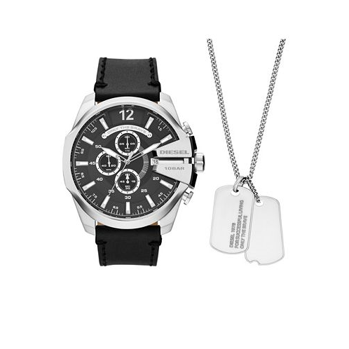 Diesel Mens Mega Chief Chronograph Black Leather Watch And Necklace Set 51mm
