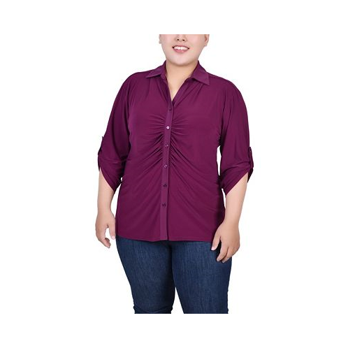 NY Collection Plus Size 3/4 Roll Tab Rouched-Front Top