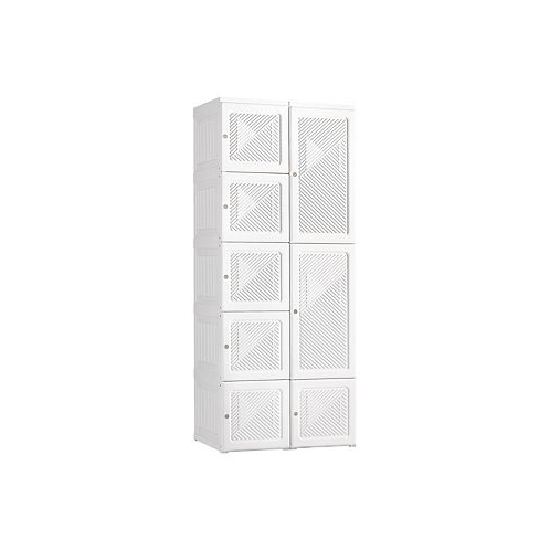 HOMCOM Portable Wardrobe Closet Folding Bedroom Armoire Clothes Storage Organizer with Cube Compartments Hanging Rod Magnet Doors White