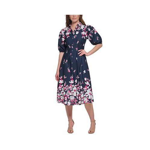 Tommy Hilfiger Womens Cotton Puff-Sleeve Floral Midi Dress
