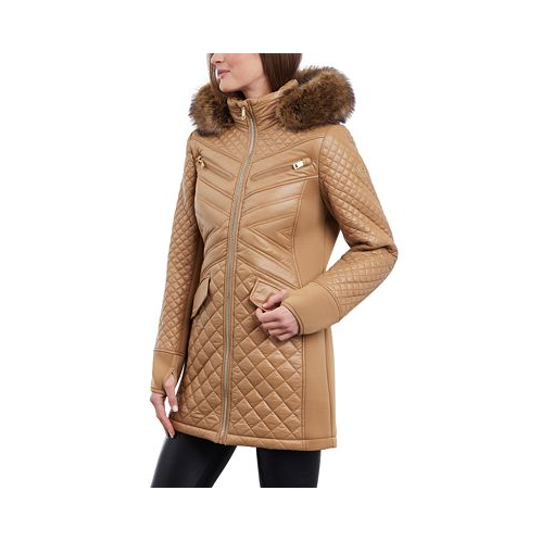 Michael Kors Womens Faux-Fur-Trim Hooded Quilted Coat