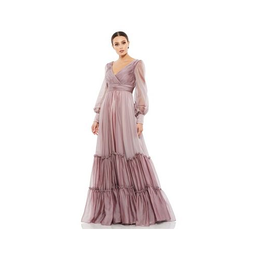 Mac Duggal Womens Faux Wrap Illusion Bishop Sleeve Tiered Gown