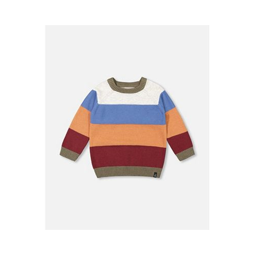 Deux par Deux Boy Knitted Raglan Sweater Red Wine Burnt Orange And Oatmeal Stripe - Child