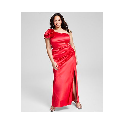 B Darlin Trendy Plus Size One-Bow-Shoulder Ruched Satin Dress