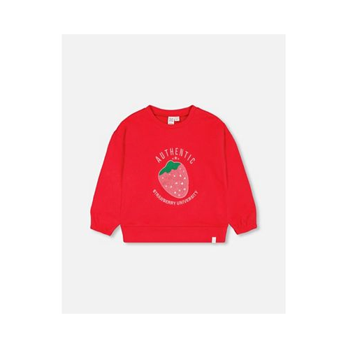 Deux par Deux Girl French Terry Sweatshirt With Strawberry Applique True Red - Child