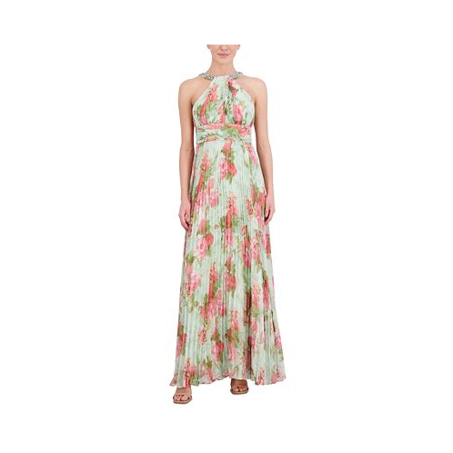 Eliza J Womens Embellished-Neck Pleated Sleeveless Gown