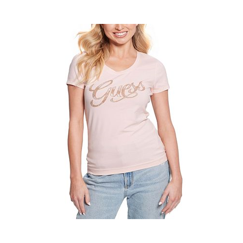GUESS Womens Embellished Script Logo T-Shirt
