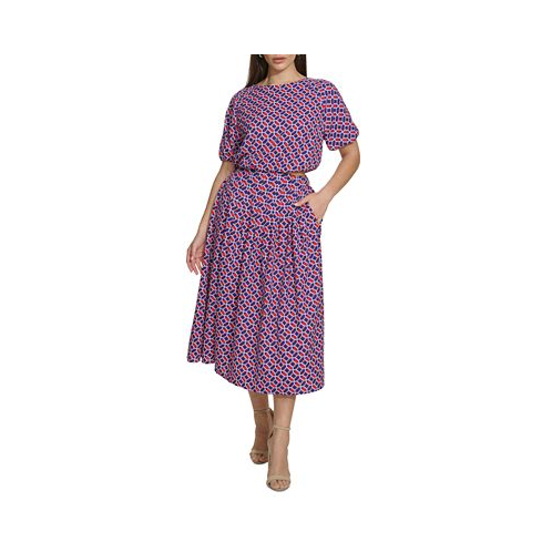 Kensie Womens Geo-Print Puff-Sleeve Midi 2-Pc. Dress