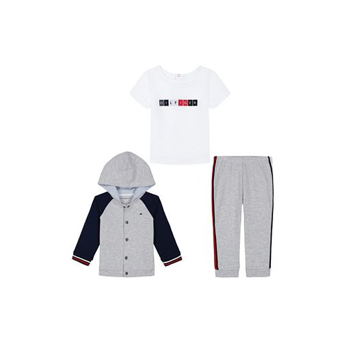 Tommy Hilfiger Baby Boys Short Sleeve Logo T-shirt Color Block Snap-Front Hoodie and Joggers 3-PC Set