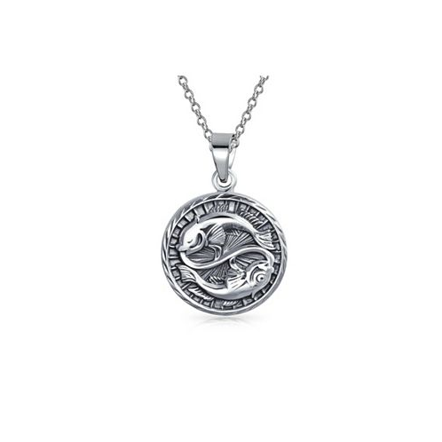 Bling Jewelry Pisces Zodiac Sign Astrology Horoscope Round Medallion Pendant For Men Women Necklace Antiqued Sterling Silver