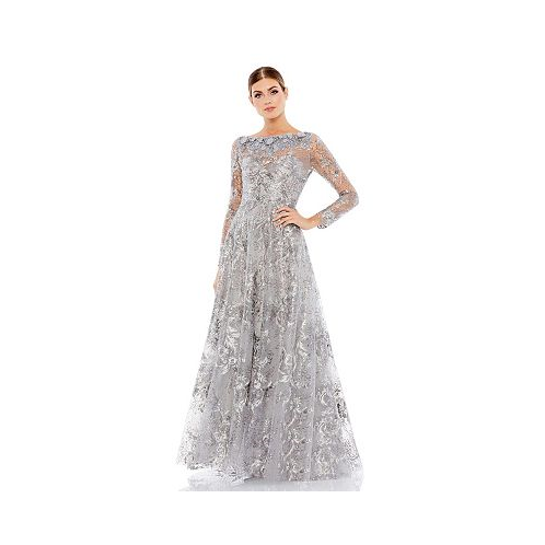 Mac Duggal Womens Floral Embroidered Illusion Long Sleeve Gown