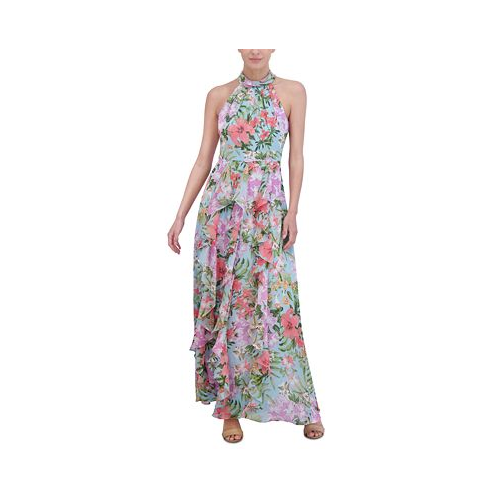 Eliza J Womens Floral-Print Ruffled Halter Maxi Dress