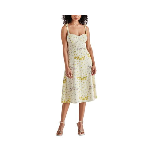 Steve Madden Womens Carlynn Floral-Print Pointelle Bow-Sleeve Smocked-Back Dress
