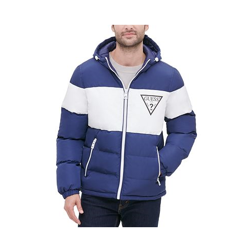 GUESS Mens Colorblock Hooded Puffer Jacket