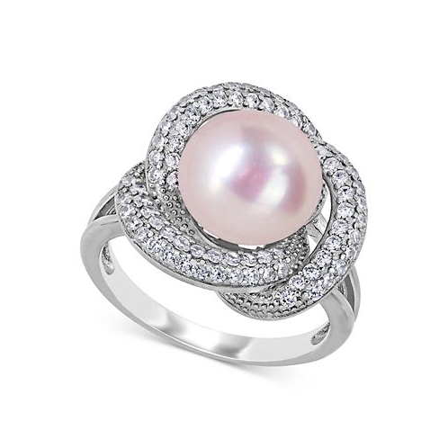 Macys Pink Cultured Freshwater Pearl (10-1/2mm) & Cubic Zirconia Love Knot Statement Ring in Sterling Silver