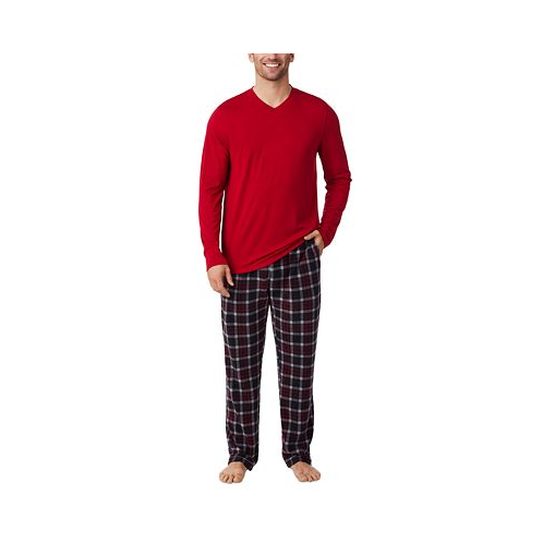 Cuddl Duds Mens Cabin 2-Pc. Solid Long-Sleeve V-Neck T-Shirt & Plaid Fleece Pajama Pants Set
