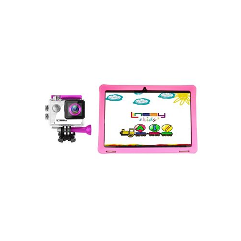 LINSAY New 10.1 Tablet Octa Core 128GB Bundle with Pink Kids Defender Case and Kids Action Camera Newest Android 13