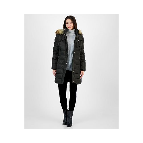 Michael Kors Womens Petite Faux-Fur-Trim Hooded Puffer Coat