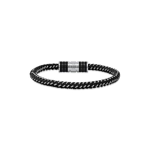 Hickey Freeman Carbon Fiber Two Tone Stainless Steel and Leather Cord Woven Braided Bracelet