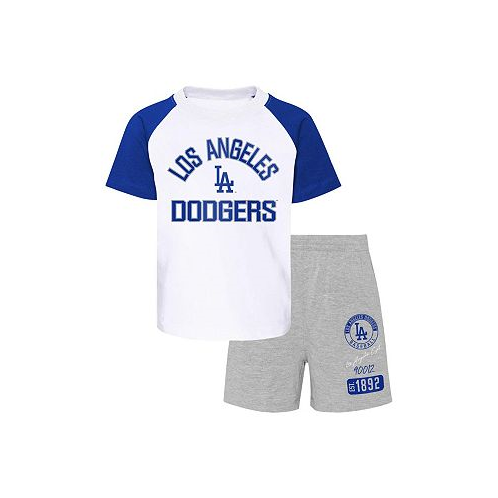 Outerstuff Little Boys and Girls Los Angeles Dodgers White Heather Gray Groundout Baller Raglan T-shirt and Shorts Set