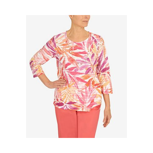 Alfred Dunner Womens Tropical Leaves Three Quarter Sleeve Top