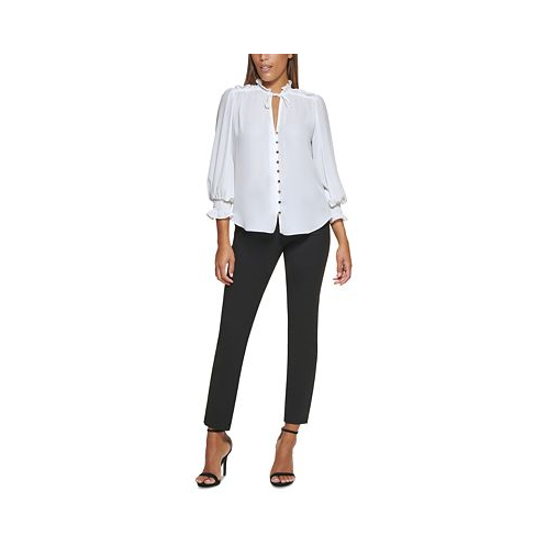DKNY Petite Tie-Neck Button-Front Ruffled Top
