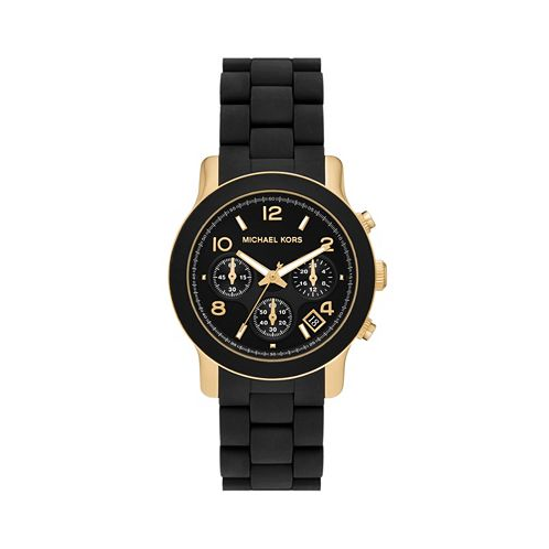 Michael Kors Womens Runway Quartz Chronograph Gold-Tone Stainless Steel and Black Silicone Watch 38mm