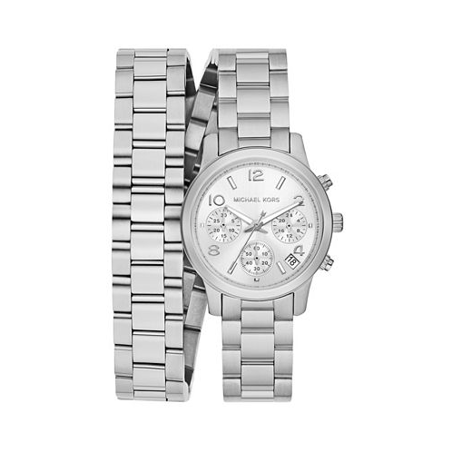 Michael Kors Womens Runway Chronograph Silver-Tone Stainless Steel Double Wrap Bracelet Watch 34mm