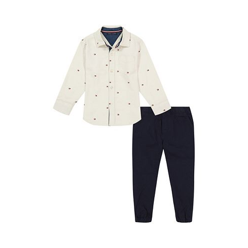 Tommy Hilfiger Baby Boys Flag-Print Twill Long Sleeve Button-Front Shirt and Twill Joggers 2 Piece Set