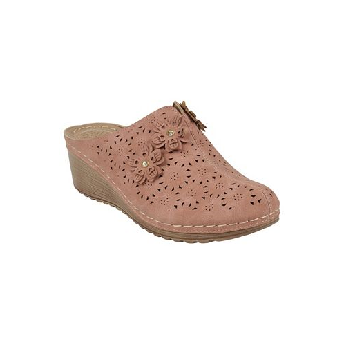 GC Shoes Womens Krista Perforated Slip-On Flower Wedge Mules