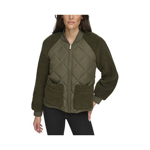 Andrew Marc Sport Womens Mixed Sherpa and Quilt Bomber Jacket