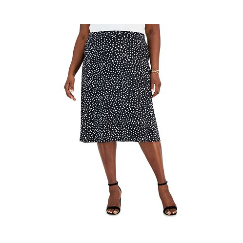 Kasper Plus Size Dot-Print Pull-On Midi Skirt