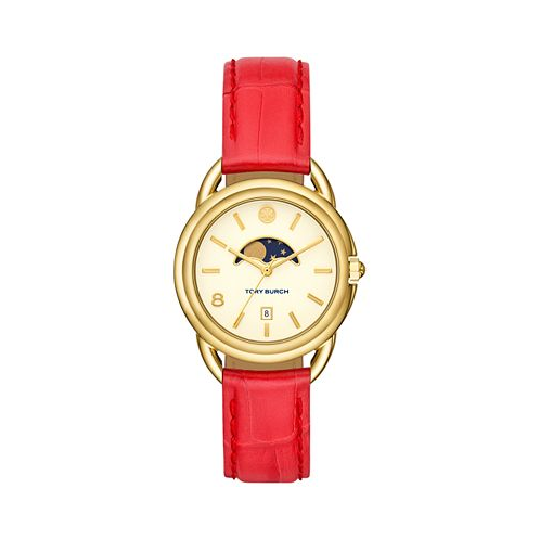 Tory Burch Womens The Miller Red Leather Strap Watch 34mm