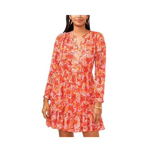Vince Camuto Womens Floral Printed Long Sleeve Split Neck Tiered Baby Doll Dress