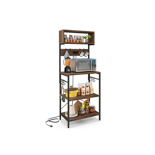 Costway Kitchen Bakers Rack 60 Microwave Stand with Power Outlet Open Shelves & Hooks